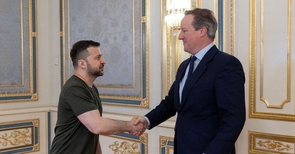 Tổng thống Ukraine Volodymyr Zelensky (trái) và Ngoại trưởng Anh David Cameron bắt tay tại một cuộc họp chung ở Kyiv (Ukraine) vào ngày 2.5.2024.